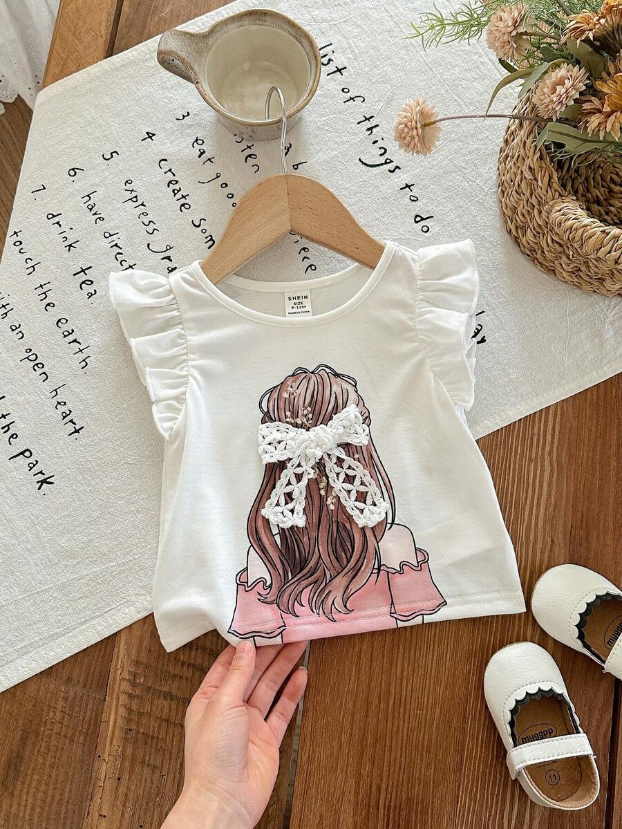 SHEIN 女婴休闲百搭印花短袖上衣 - 白色 - 查看 1