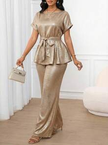 SHEIN Lady 两件套女士优雅纯色圆领短袖上衣和裤子套装 - 金色 - 查看 6