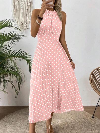 Breezaya Women's Polka Dot Halter Sleeveless Dress Maxi Vacation Beach Outfit