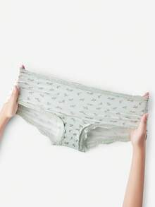 LUVLETTE Bộ 3 quần lót nữ cạp cao bằng cotton viền ren, kiểu quần đùi ngắn cơ bản - Họa tiết hoa, viền ren - Màu xanh lá cây - Nhiều màu - Xem 6