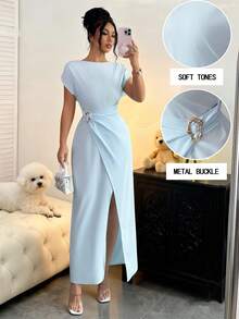 Elenzga Elegant Urban Chic New Women's Light Blue Metal Ring Buckle High Waist Asymmetric Pleated Slit Fitted Ankle-Length Dress, Suitable For Daily Wear, Weddings, Galas, Commuting, Graduation Parties, Holidays, Vacations, Dates, Parties, Halloween, Christmas, New Year, Thanksgiving, Weddings - Blue - View 1