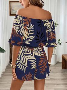 Breezaya Ruffled Sleeve Cinched Waist Off Shoulder Hawaiian Style Romper Women Vacation  Jumpsuits Off Shoulder Summer  Jumpsuits Hawaii Outfits Women  Jumpsuits Tropical Romper Tropical Vacation  Jumpsuits - Multicolor - View 2