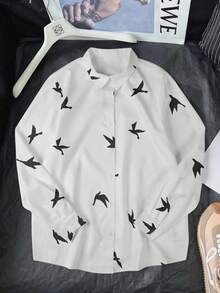 EMERY ROSE Camicia casual a maniche lunghe da donna con colletto alla coreana, chiusura monopetto e stampa di uccelli, versatile per l'ufficio e il tempo libero - Multicolore - Visualizzare 5