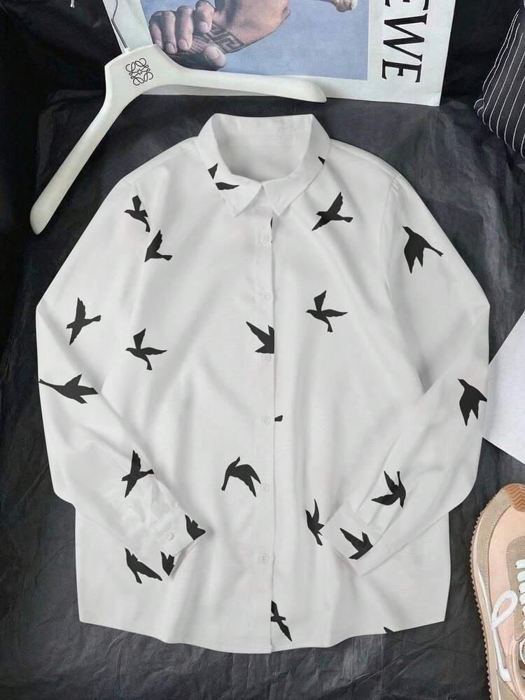 EMERY ROSE Women's Turndown Collar Single-Breasted Bird Print Casual Versatile Commuting Long Sleeve Shirt - Multicolor - View 5