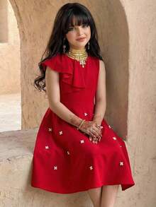 SHEIN 女童优雅串珠荷叶边立领腰部喇叭裙摆公主裙，红色，适合婚礼、庆典、派对和日常穿着 - 紅色 - 查看 5