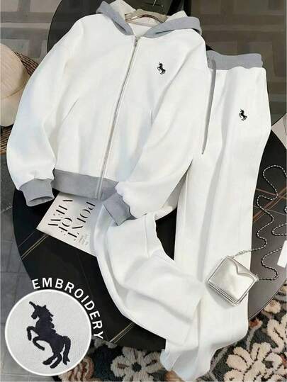 Resyla 两件套女士半人马刺绣连帽卫衣和抽绳阔腿裤套装