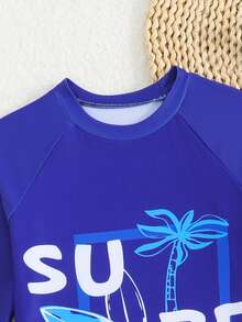 Young Boy Swimsuit Set, Coconut Tree Print Sports & Vacation - Blue - View 3