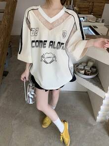 DAZY Women's V-Neck Numeric Print Contrast Lace Loose Street T-Shirt - White - View 1