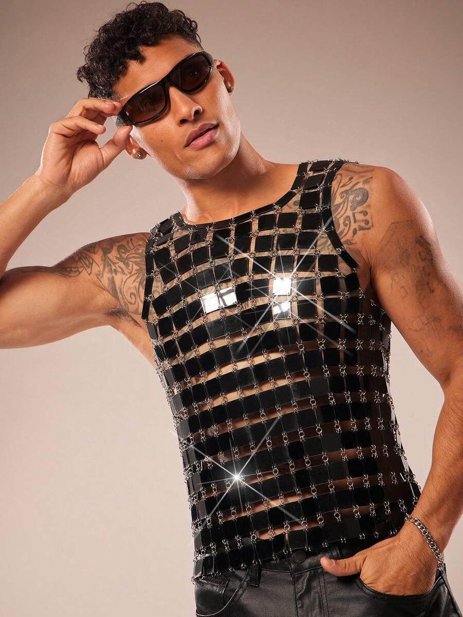 FeverCity Men's Sequin Decor Sheer Crew Neck Tank Top, Suitable For Parties And Gatherings - Black - View 1