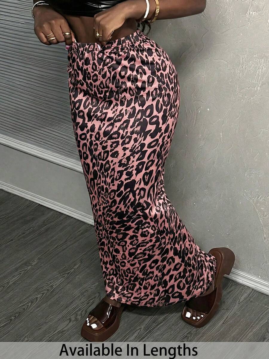 SHEIN Tall CURVE 大码时尚通勤豹纹半身裙 - 珊瑚粉 - 查看 1