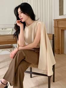 DAZY 女士宽松无袖飘逸雪纺衬衫 - 香檳色 - 查看 4