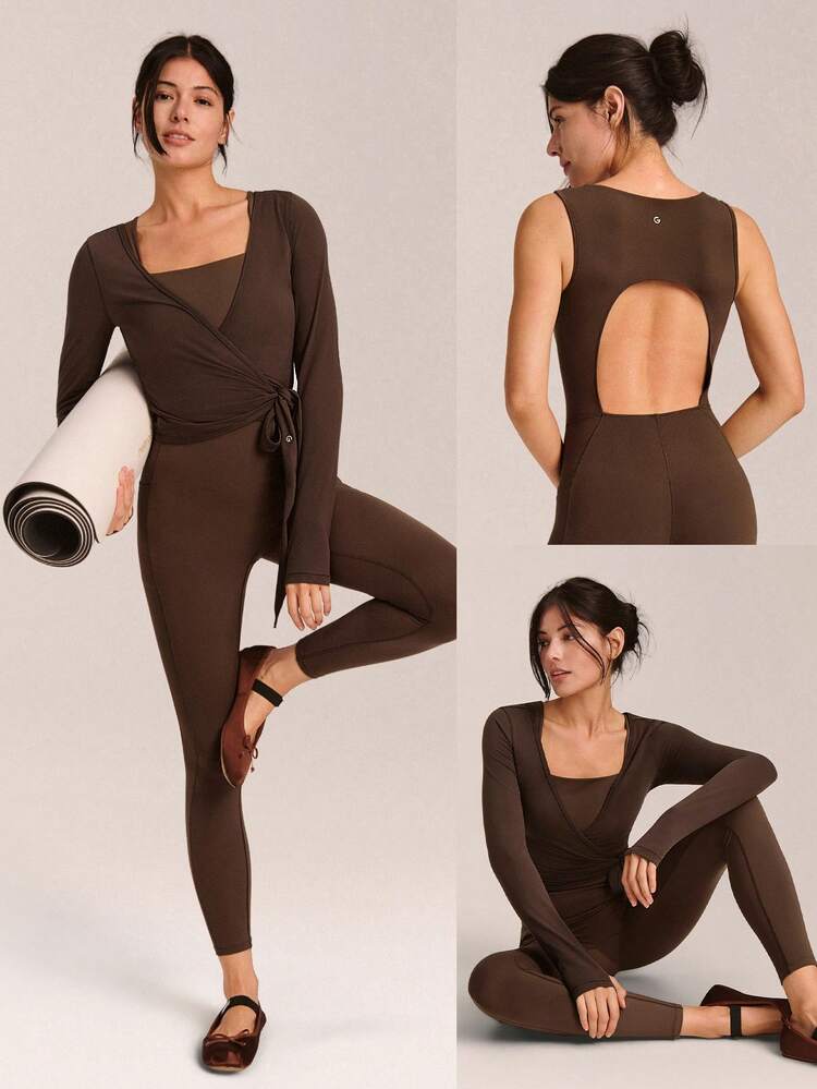 26'' FeatherFit™-Air Sweat-Wicking Quick-Dry Flow And Go Tummy Control Cutout Back Square Neck Back Athletic Workout Romper Bodyduit With Side Pockets Non-Slip Grips Low Impact Yoga Pilates Studio Daily Casual Wear