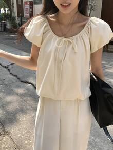 FRIFUL 女士花瓣袖蝴蝶结前系宽松甜美衬衫 - 黃色 - 查看 2