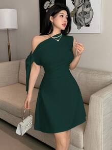 Celisse 女士不对称系带腰部短裙 - 墨綠色 - 查看 8