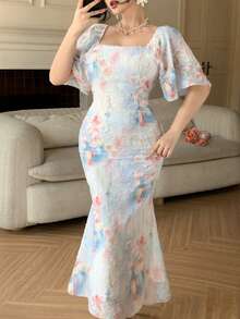 DAZY Women's Elegant Floral Textured Square Neck Fishtail Midi Dress, Summer - Baby Blue - View 8