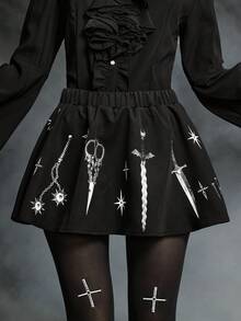 ROMWE Goth Saia evasê com estampa de martelo meteoro, espada, corrente e garfo em estilo gótico para mulheres. - Preto - Ver 2
