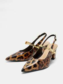 Giày cao gót mũi nhọn họa tiết da báo thời trang, giày nữ thiết kế buộc dây thoải mái, phù hợp cho trang phục dạ hội/công sở - Nâu báo - Xem 6