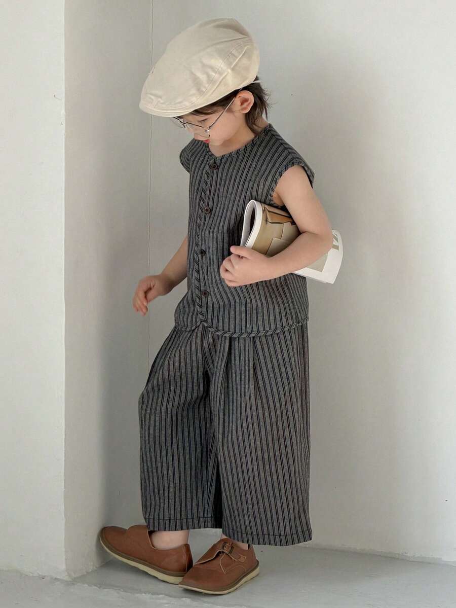 DAZY Conjunto informal de camisa de rayas y pantalones para niño en verano - Gris Oscuro - Ver 1