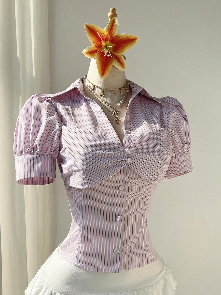 Elamini Women's Pink Striped Summer Deep V-Neck Puff Sleeve Layered Bust Design Waist Cinched Slim Sexy Sweet Vacation Style Blouse - Pink - View 1