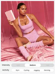 GLOWMODE 2 Pieces FeatherFit™-Sculpt Super Set Adjustable Halter Sports Tank Top & 4.3" Y-Shaped Butt Crossover Waist Active Shorts Set Medium Impact Workout Jogging Gym Training - Baby Pink - View 9