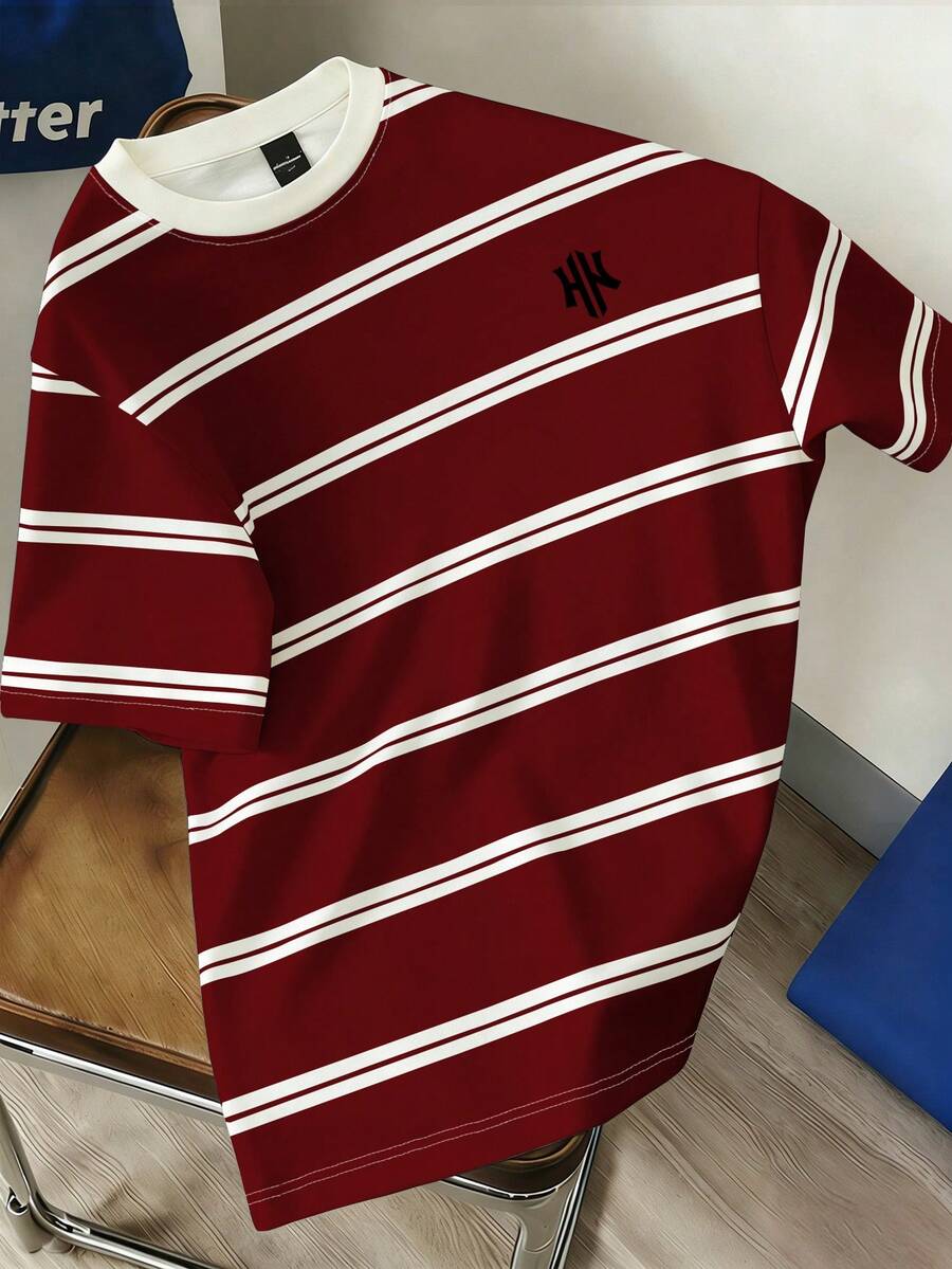 Manfinity Joysei Men's Round Neck Short Sleeve Striped Casual T-Shirt, Versatile For Summer - Red - View 1