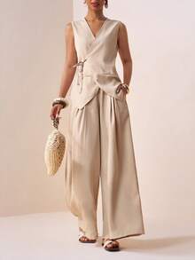 Zivah 2pcs Casual Vacation Linen Texture Knotted Collar Vest And Pleated Long Pants Set For Women Yacht Outfit Women Working Dress For Women Wool Two Pieces Women's Work Clothes For The Office Work Outfits Women - Khaki - View 4