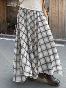 DAZY Women's Casual Commuter Plaid Long Skirt - Apricot - View 2