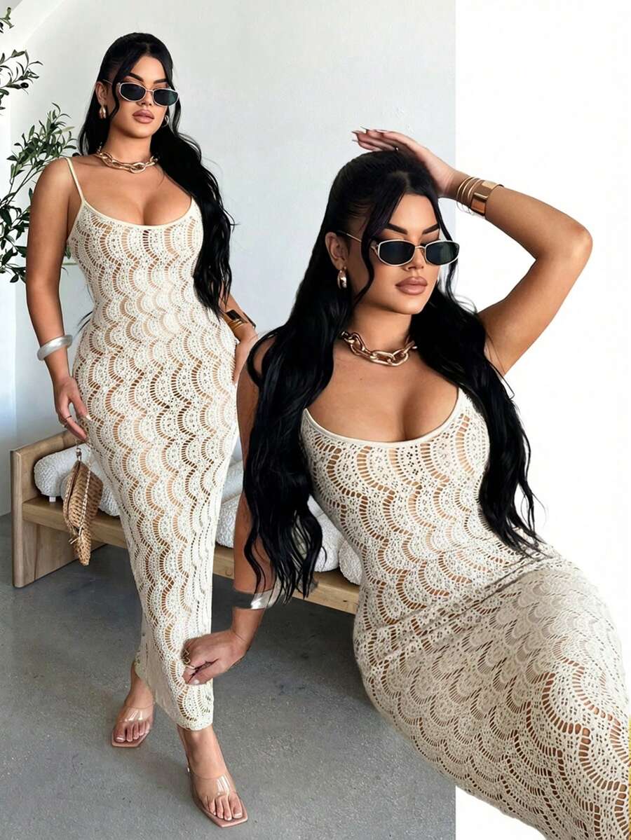 SHEIN SXY 女士无袖修身镂空连衣裙 - 杏色 - 查看 1