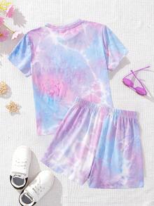 2 Stücke Tween Mädchen Lässig Set aus Batik-Muster Kurzarm T-Shirt und Shorts, geeignet für den Sommer - Verschiedenfarbig - Übersicht 2
