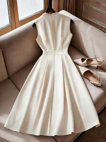 SHEIN PETITE Women's Pearl Button Collar Sleeveless Dress - Apricot - View 2