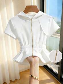 Franclia 女士白色休闲拉链连帽短袖卫衣，收腰设计，白色上衣，女士休闲上衣，夏季度假，女士健身上衣，女士运动服，嘉年华女士服装，女士节日服装，春季，夏季上衣，夏季度假，春夏季节服装，时尚休闲通勤装，商务办公装，百搭时尚日常休闲装，都市教师职业装 - 白色 - 查看 7