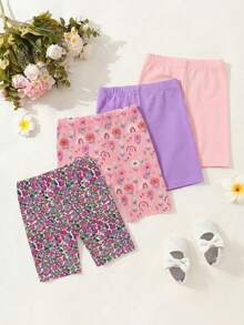 SHEIN Playful Pals 4件套女童可爱数码印花短裤，休闲舒适打底裤，适合日常穿着，婴幼儿夏季短裤 - 彩色 - 查看 2
