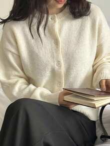 DAZY Áo khoác cardigan dệt kim tối giản màu trơn dành cho nữ - Màu be - Xem 4