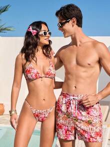 Manfinity VDAYZ Quần short đi biển nam kiểu dáng thường ngày, họa tiết hoa. - Đỏ - Xem 6