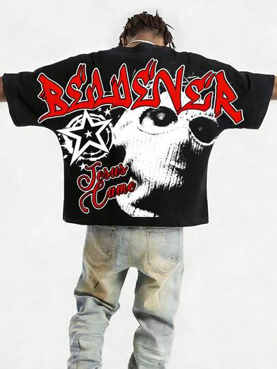 Manfinity EMRG 男士休闲字母及人像图案圆领短袖T恤，夏季款