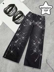 Quần jeans ống đứng màu đen đơn giản, thoải mái, phong cách Y2K cổ điển, cá tính, họa tiết chữ lấp lánh và hình kim cương, thích hợp mặc hàng ngày, dự tiệc mùa xuân hè và dạo phố. - màu đen - Xem 7