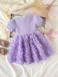 SHEIN Elegantes Baby Mädchen Kleid mit rundem Ausschnitt, Puffärmeln, Perlendekor und 3D Blumen Stoffrock - Mauve - Übersicht 6