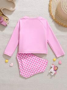 Cozy Pixies 2pcs/Set Baby Girl Cute Casual Pink Cartoon Pony Pattern 3D Mesh Long Sleeve Top And Plaid Shorts Swimsuit - Multicolor - View 2