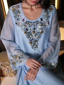 Layrah Elegant & Luxurious Round Neck Beaded Flare Sleeve Dress, Spring/Summer - Baby Blue - View 3