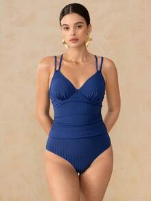 Swim Chiccia Marineblau geripptes Textur Neckholder Tankini Top und Unterteil Badeanzug Set, geeignet für Strand, Urlaub, Schwimmen Vintage Badeanzug Tankinis für Frauen Bescheidener Badeanzug - marineblau - Übersicht 4