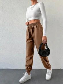 SHEIN Cottnline بنطلون جوجر نسائي ذو خصر مطاطي مع جيوب، لون أحادي، متعدد الاستخدامات للارتداء اليومي - بيج - مشاهدة 3