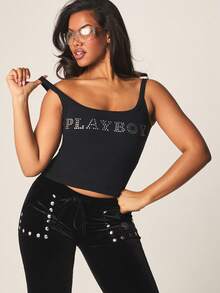 Missguided x Playboy Débardeur court décontracté d'été sans manches avec encolure dégagée et ornements de strass, idéal pour les tenues superposées - Noir - Voir 1