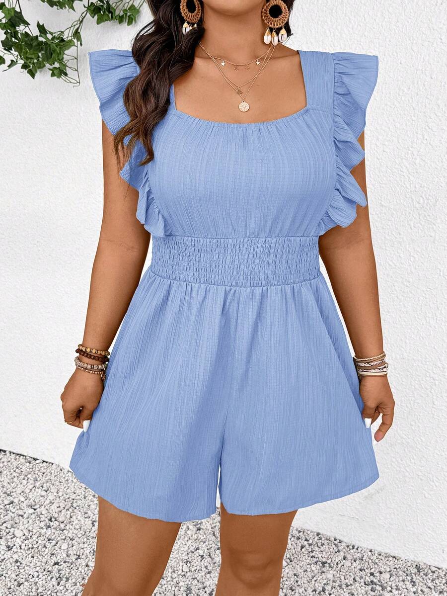 SHEIN Frenchy Plus Size Casual Solid Color Ruffle Hem Romper - Blue - View 1