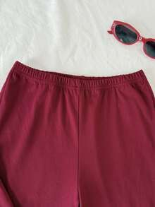 SHEIN Tween Girl Spring/Summer Casual Commuter Fitted Off Shoulder Ruched High-Stretch Knit T-Shirt And Matching Woven Slim Straight Leg Pants Set, Burgundy - Burgundy - View 6
