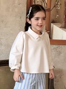 DAZY Young Girls Collared Mesh Patchwork Long Sleeve Solid Color Blouse - White - View 6