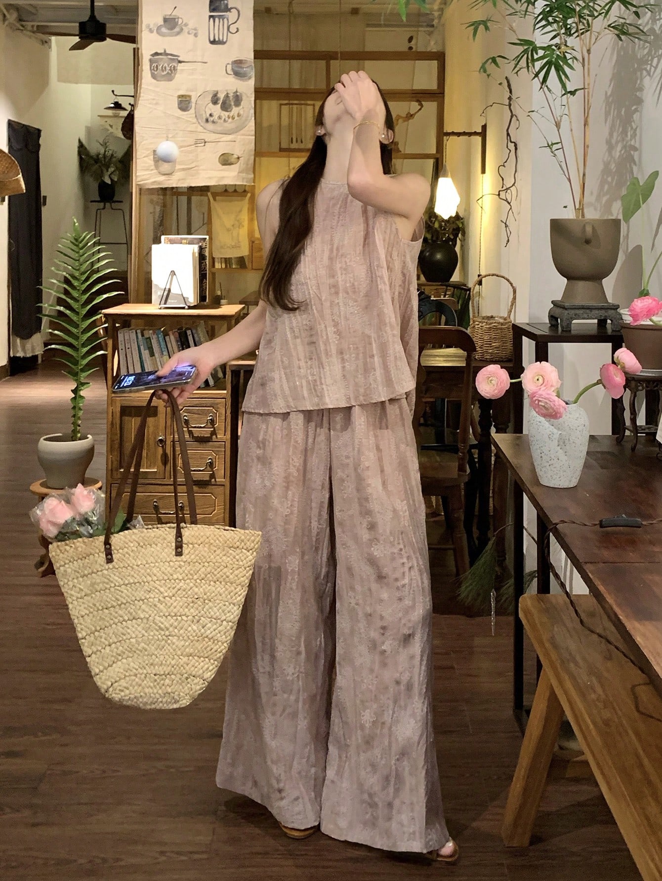 2pcs Women's Vintage Distressed Dual-Tone Linen Texture Casual Outfit Set Lounge Sets For Women
