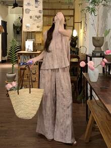 DAZY 2pcs Women's Vintage Distressed Dual-Tone Linen Texture Casual Outfit Set Lounge Sets For Women Summer - Pink - View 1