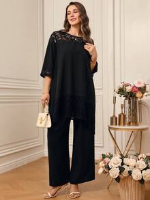 EMERY ROSE 大码女式蕾丝拼接宽松套装。优雅休闲，通勤，春夏皆宜。 - 黑色 - 查看 3