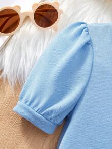 SHEIN Girls' Casual Blue Contrast Collar Waist Knit Dress - Navy Blue - View 6