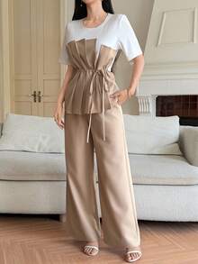 DAZY 2pcs Women Crew Neck Ruched Drawstring Short Sleeve Top And Pants Set - Khaki - View 4